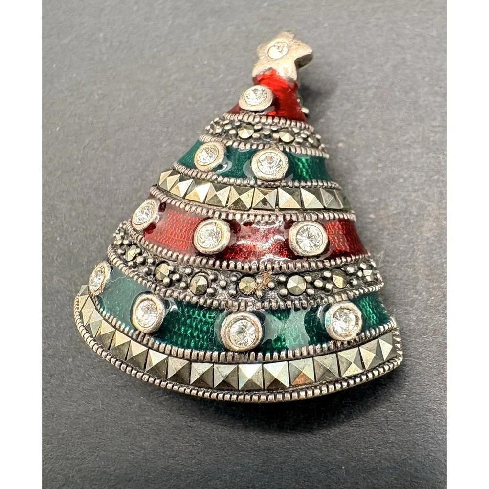 Vintage Christmas Tree Brooch 925 Sterling Red & Green Enamel Marcasite Crystal